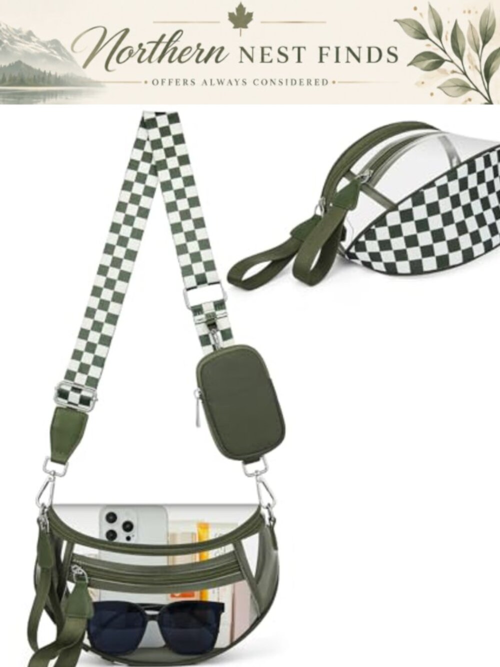 Clear Checkered Crossbody Bag PVC Zipper Adjustable Strap Large